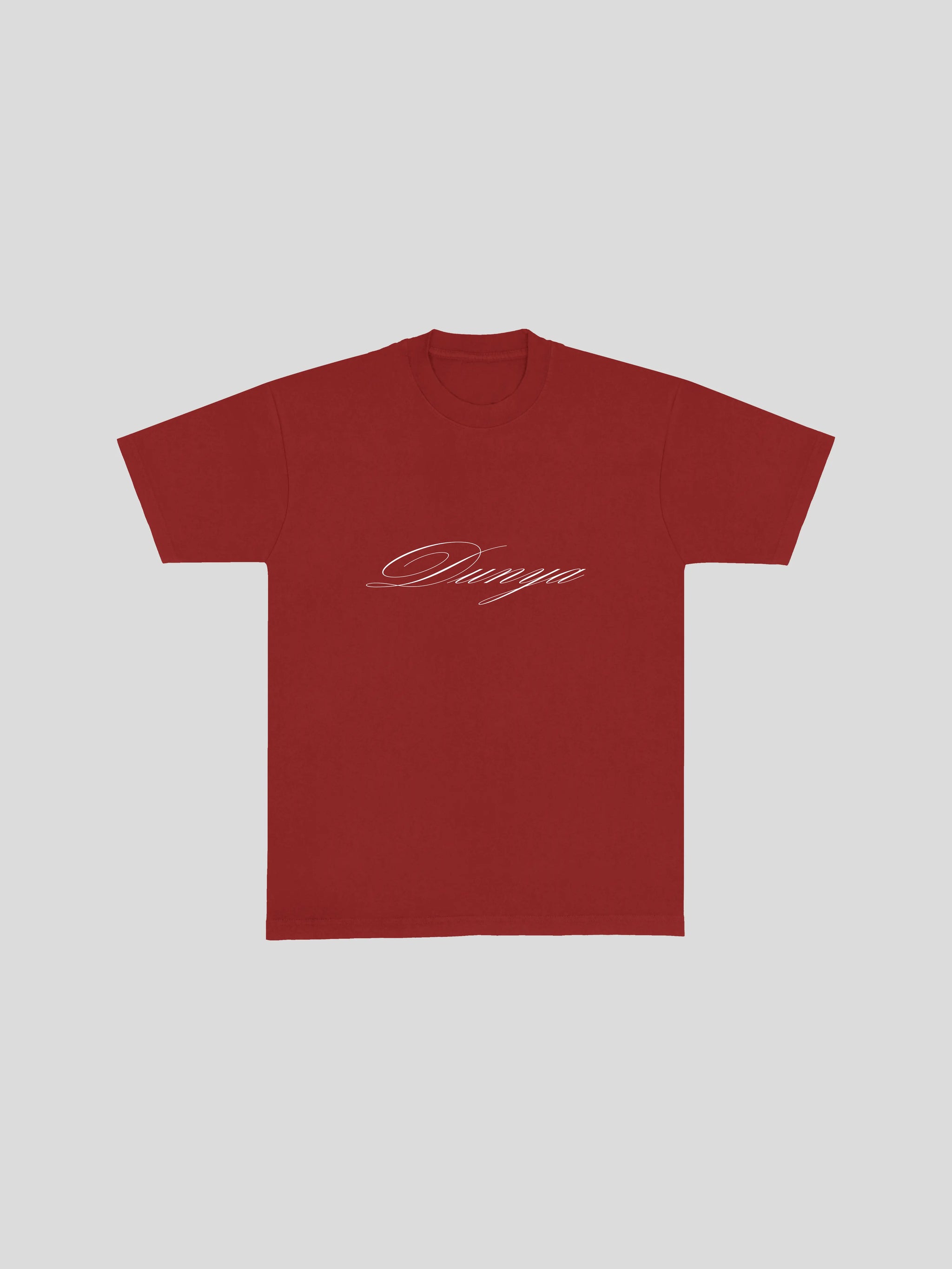 Dunya Script T-Shirt – Tomato (Front) — muslim street wear, msw (islamic, modest, unisex, y2k)