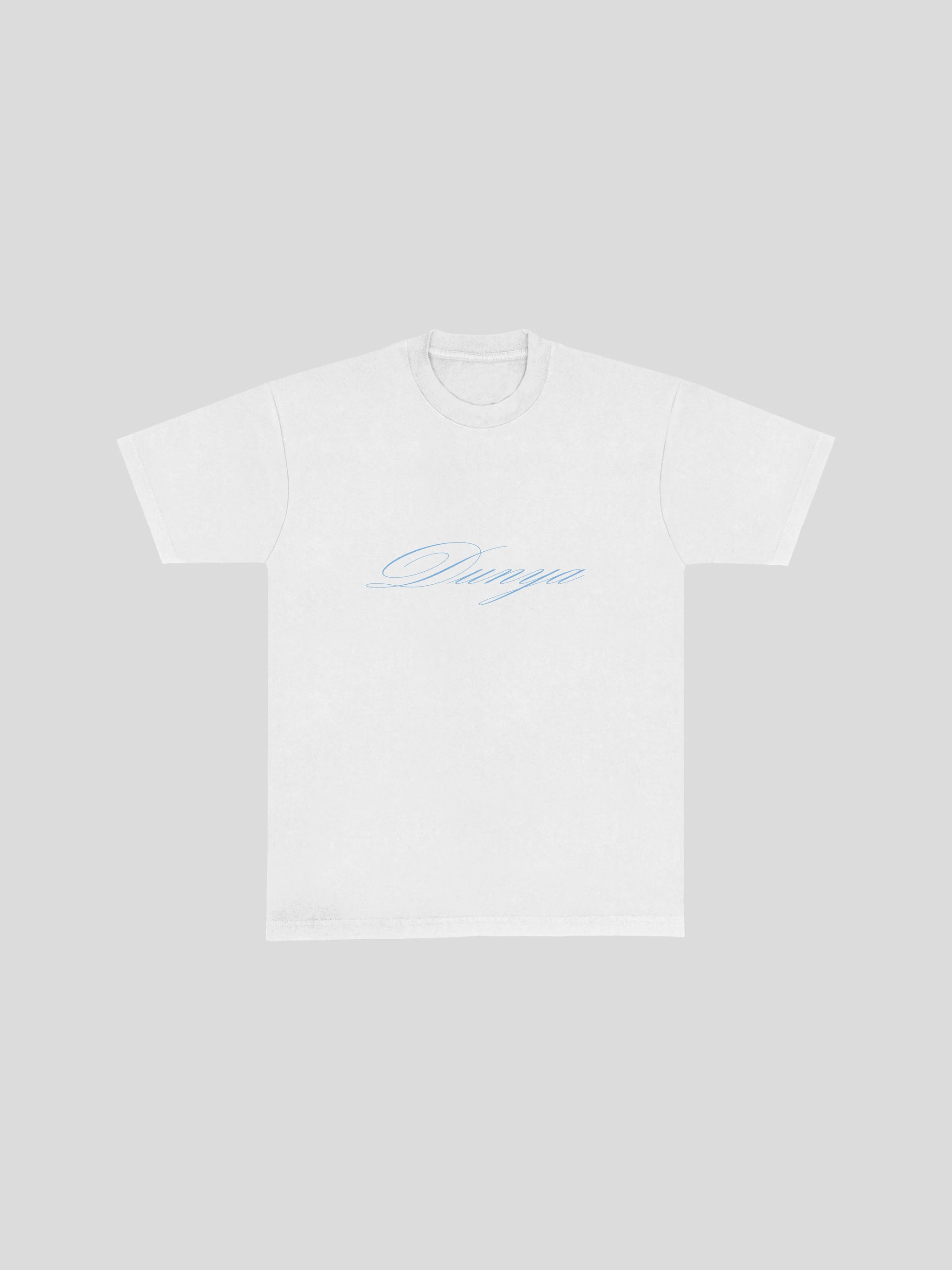 Dunya Script T-Shirt – White (Front) — muslim street wear, msw (islamic, modest, unisex, y2k)