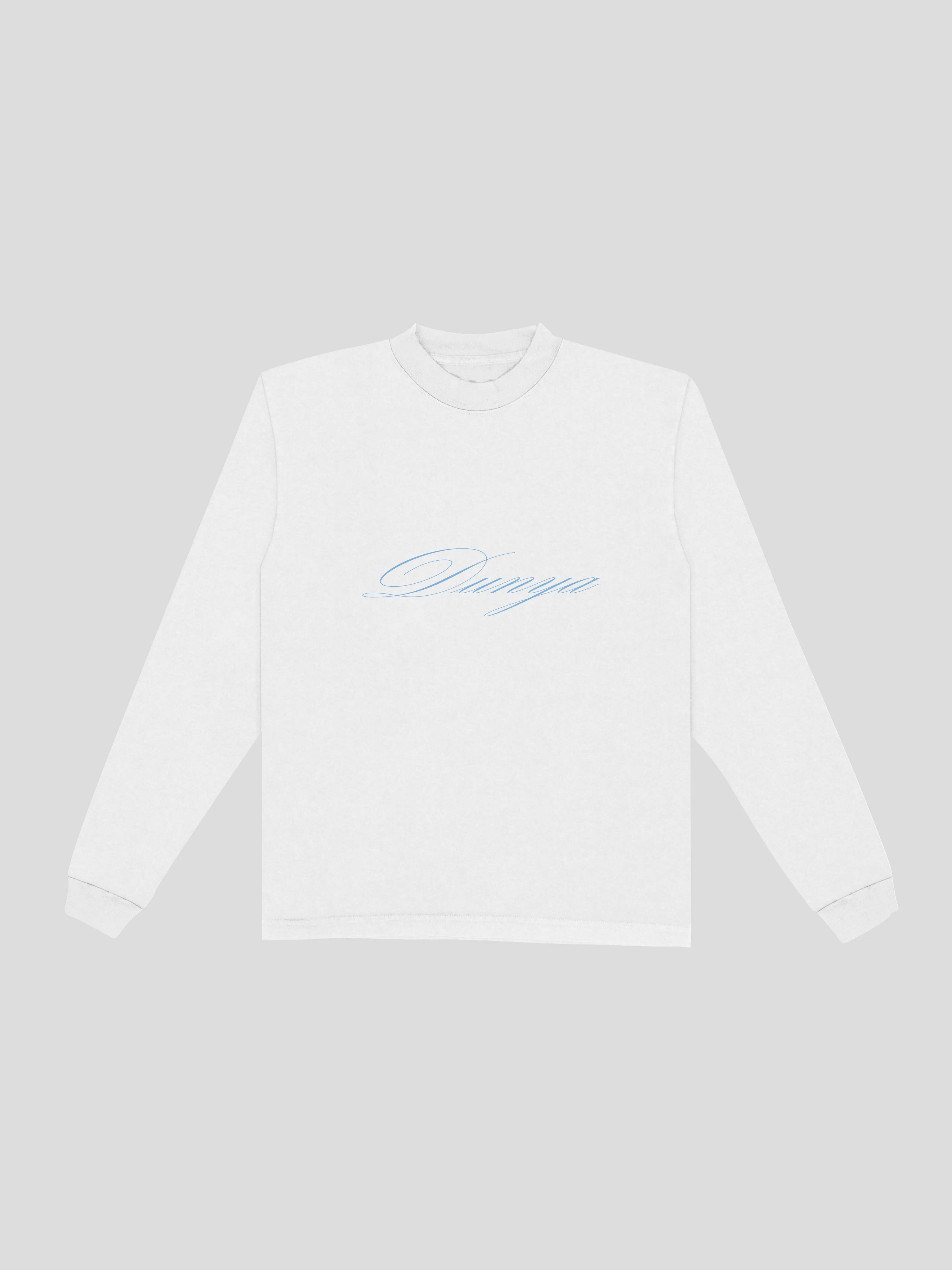 Dunya Script Long Sleeve – White (Front) — muslim street wear, msw (islamic, modest, unisex, y2k)