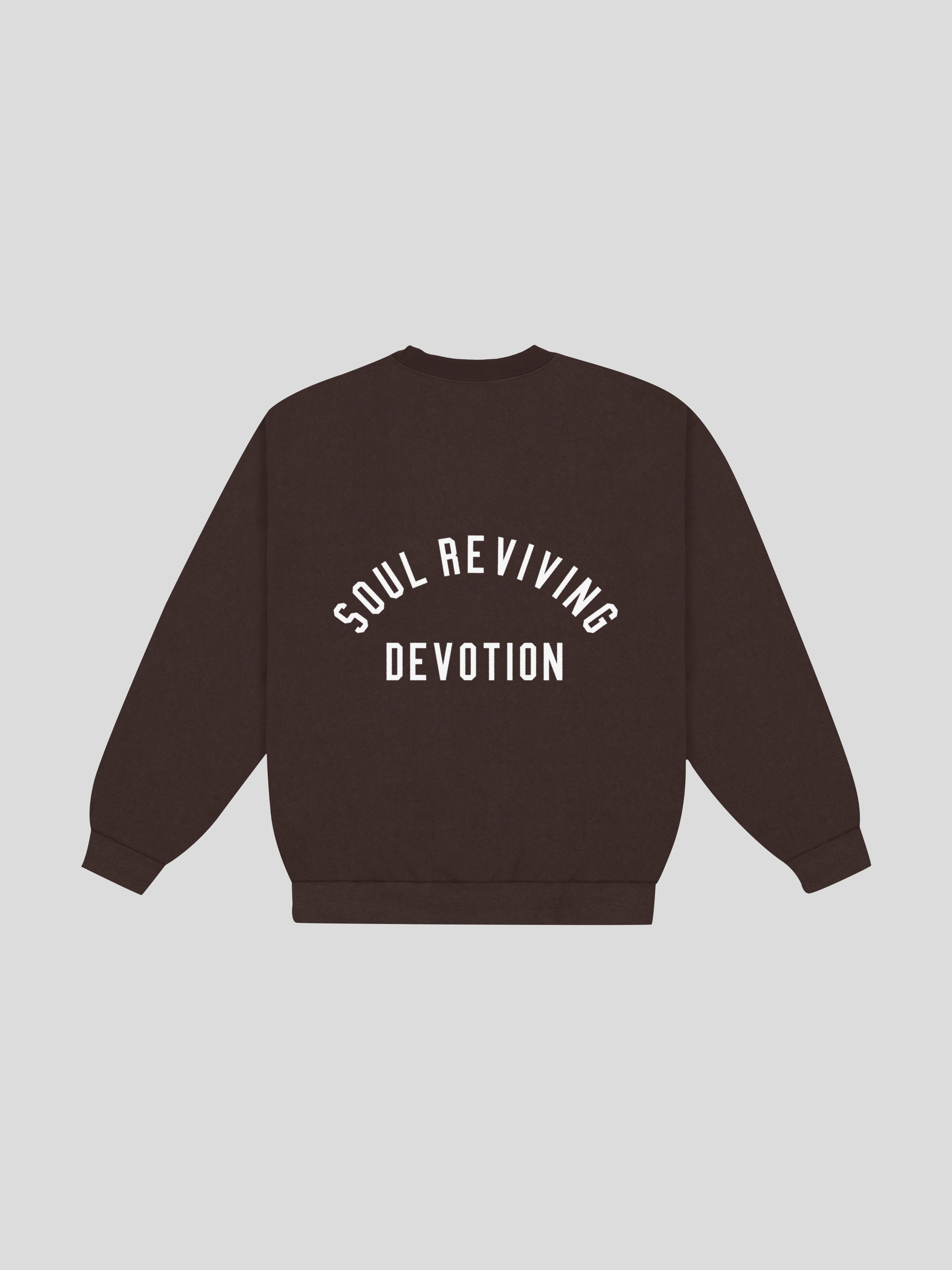 msw Soul Reviving Devotion College Boxy Crewneck – Espresso — muslim street wear, msw (islamic, modest, unisex, y2k)