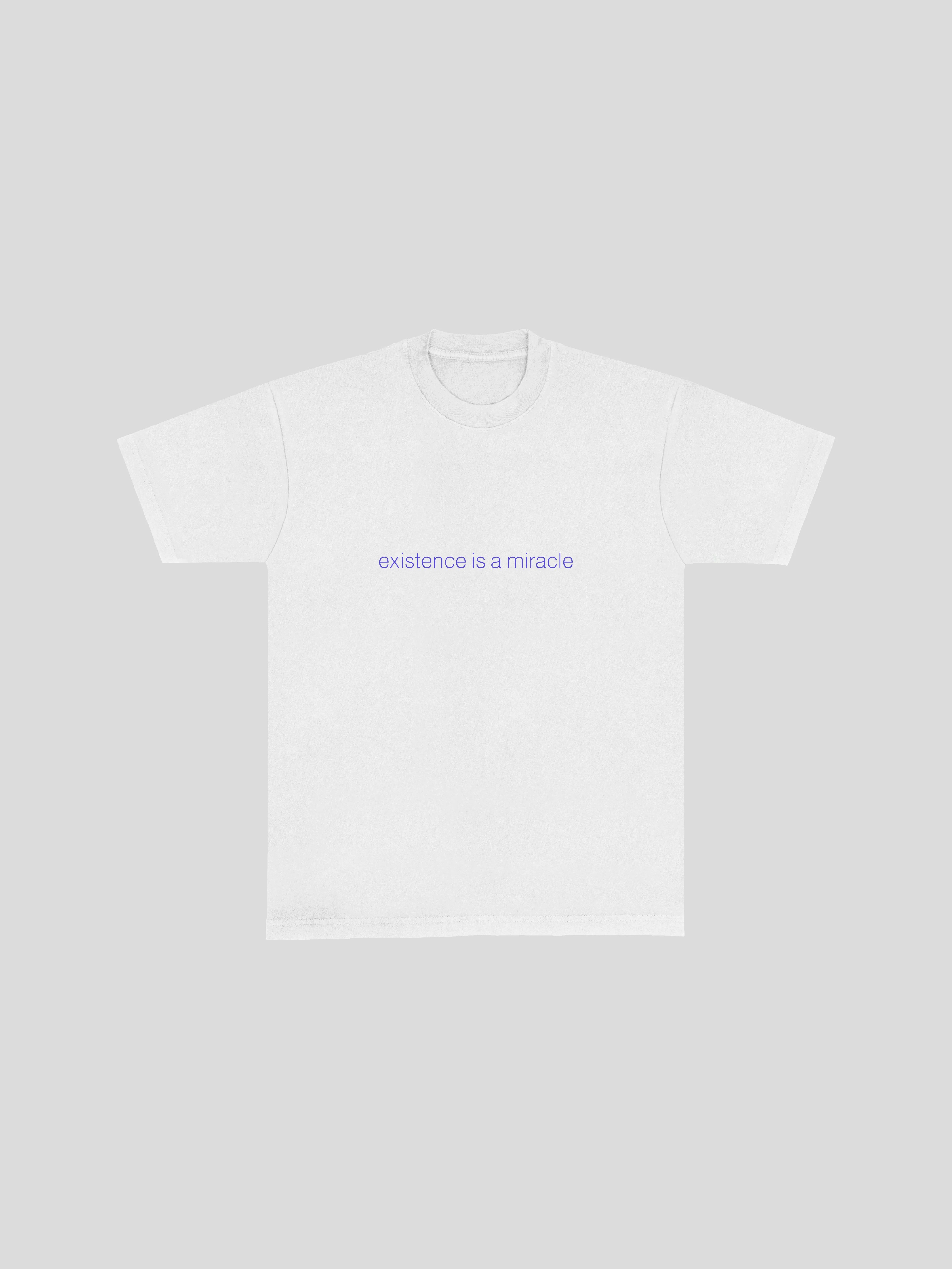 existence is a miracle t-shirt  – White (Front) — muslim street wear, msw (islamic, modest, unisex, y2k)