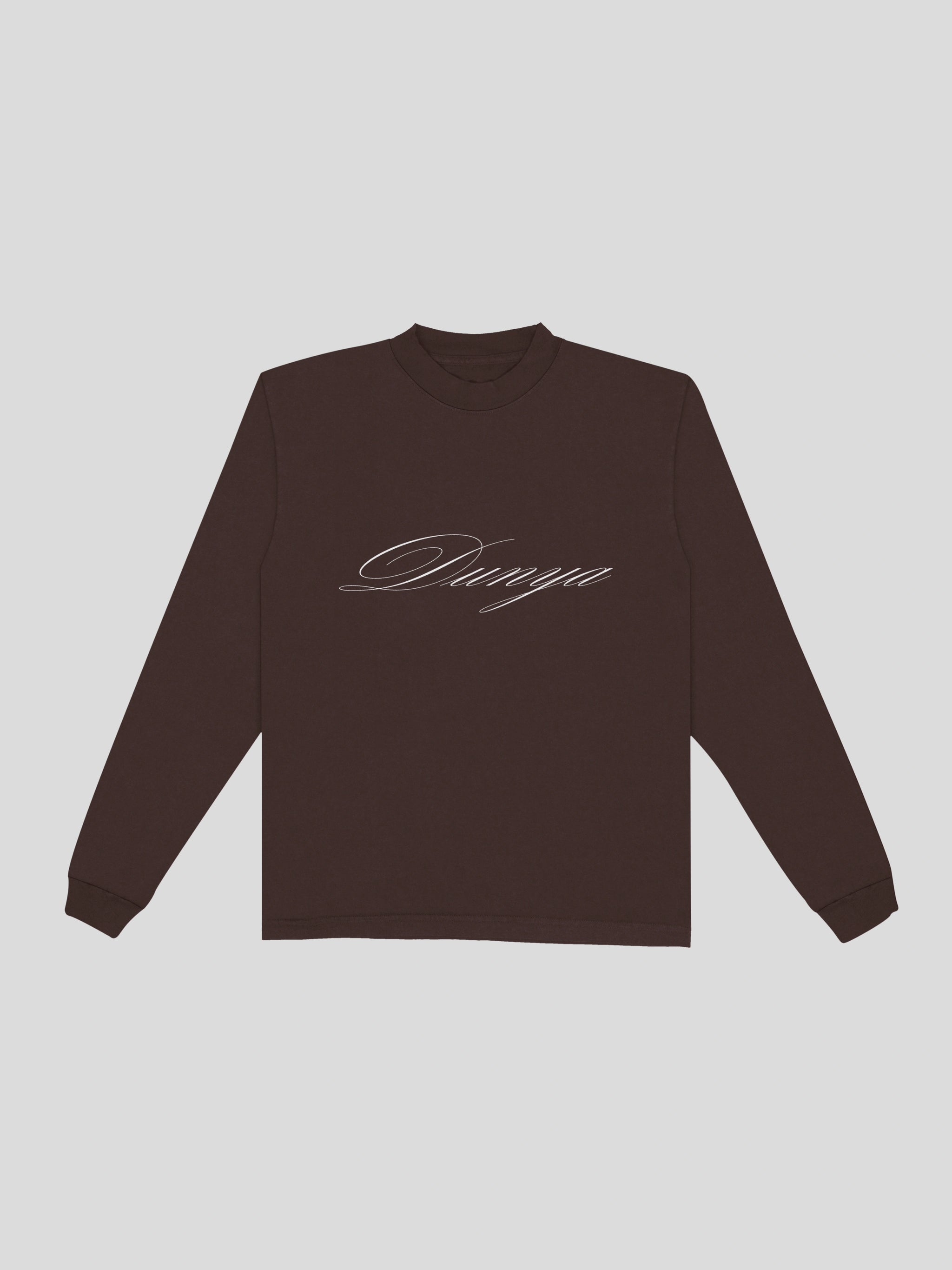 Dunya Script Long Sleeve – Espresso — muslim street wear, msw (islamic, modest, unisex, y2k)