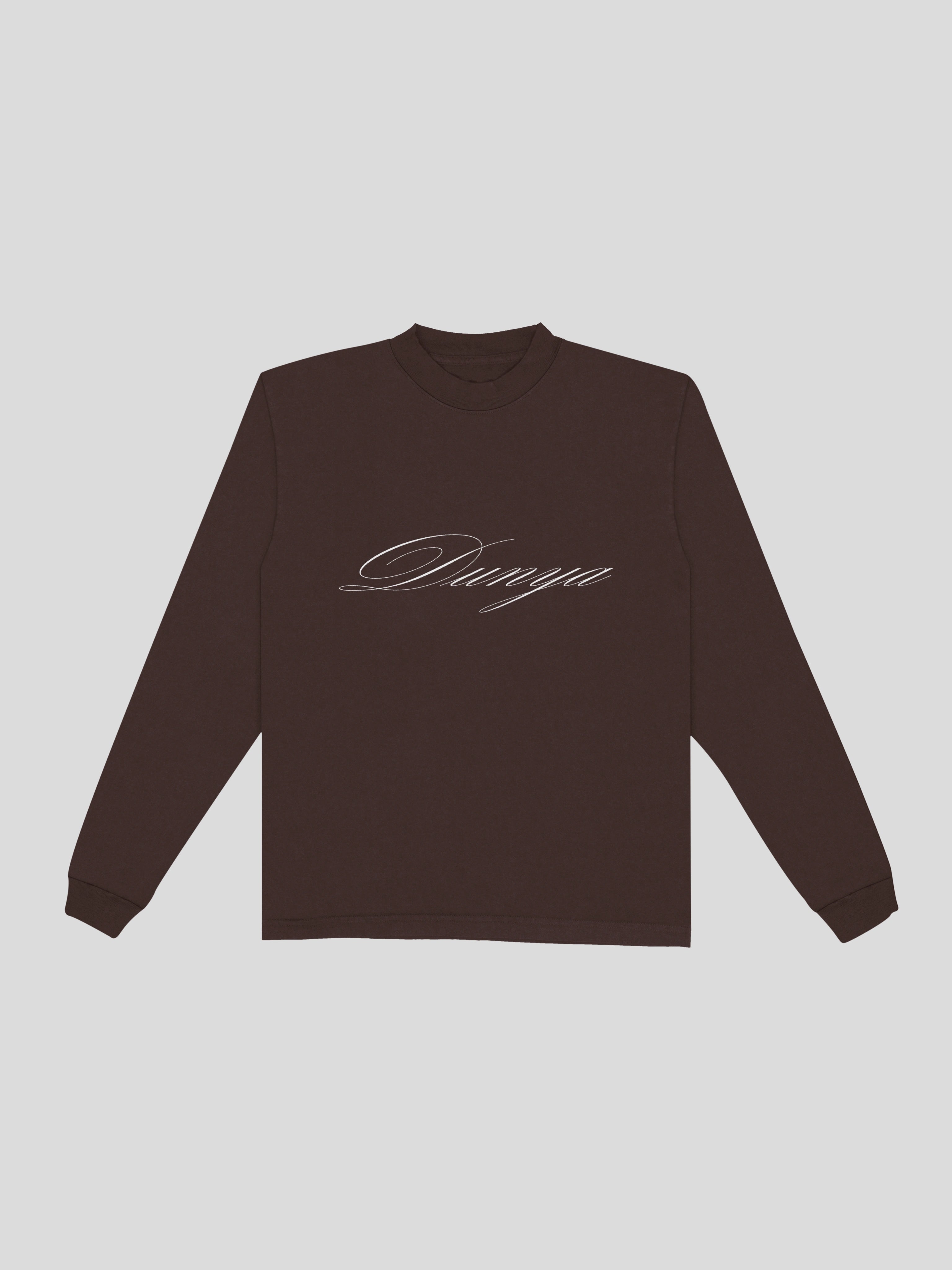 Dunya Script Long Sleeve – Espresso — muslim street wear, msw (islamic, modest, unisex, y2k)