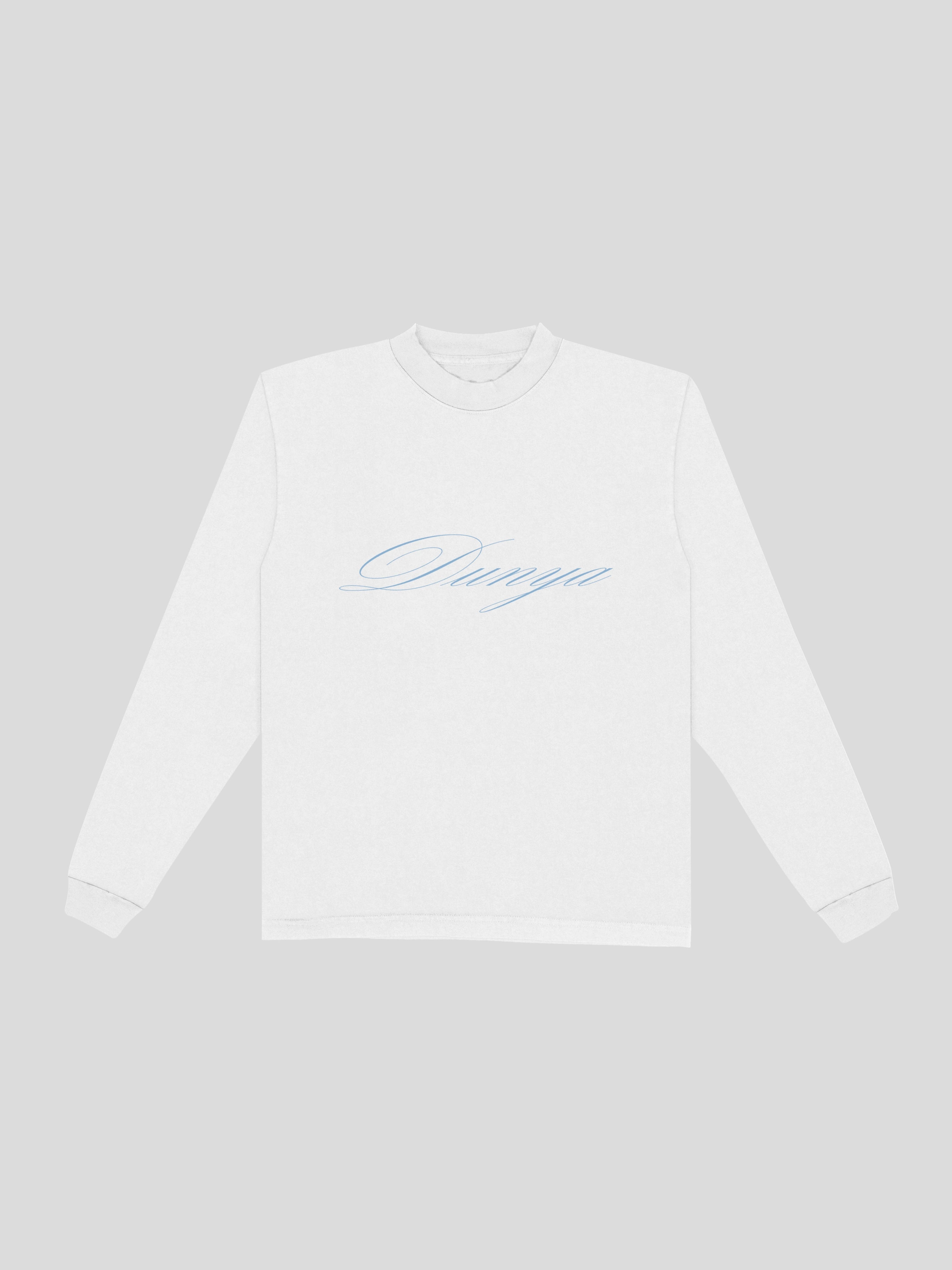 Dunya Script Long Sleeve – White — muslim street wear, msw (islamic, modest, unisex, y2k)