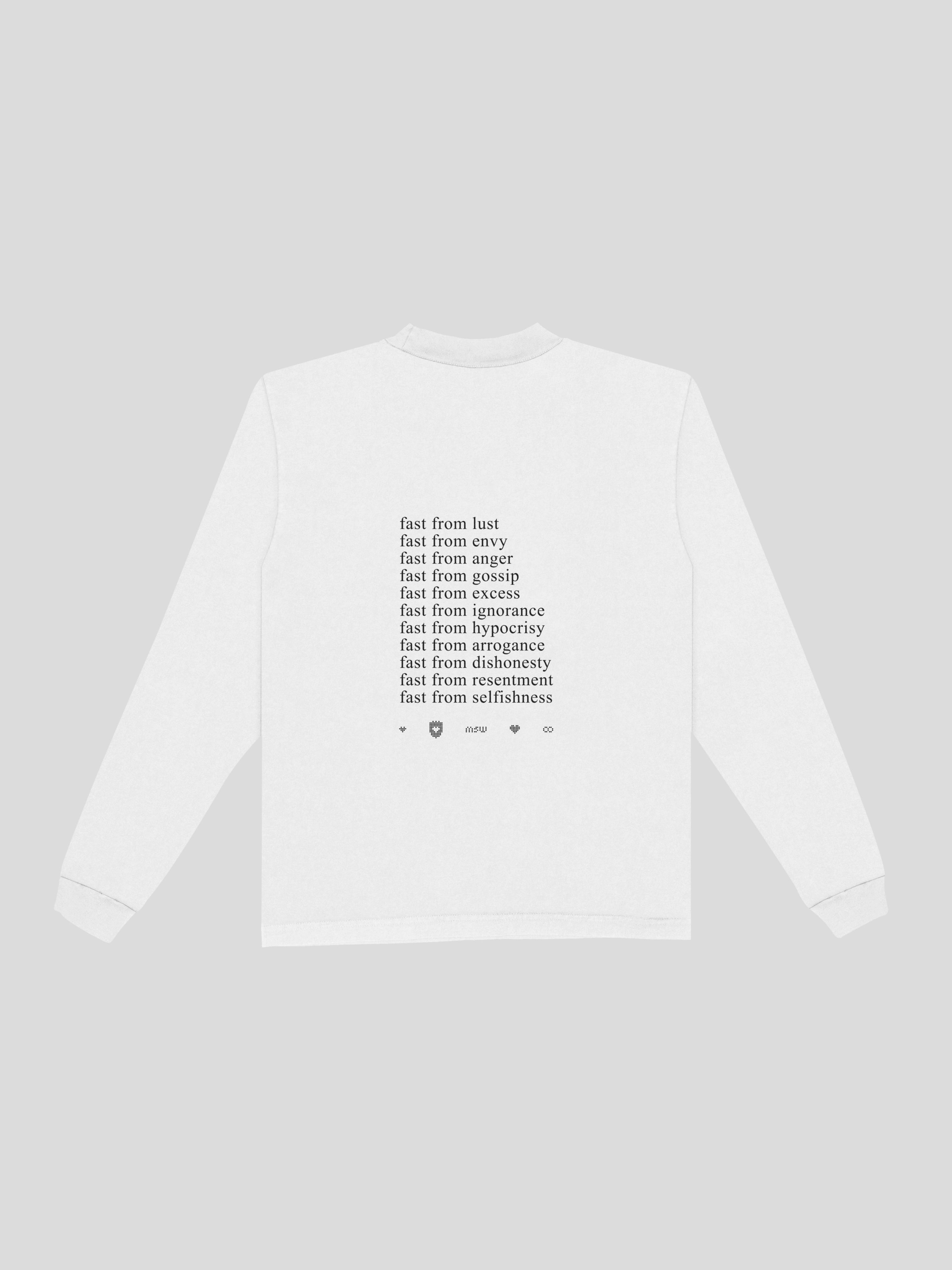 Fasting Ramadan Long Sleeve Tee – White — muslim street wear, msw (islamic, modest, unisex, y2k)