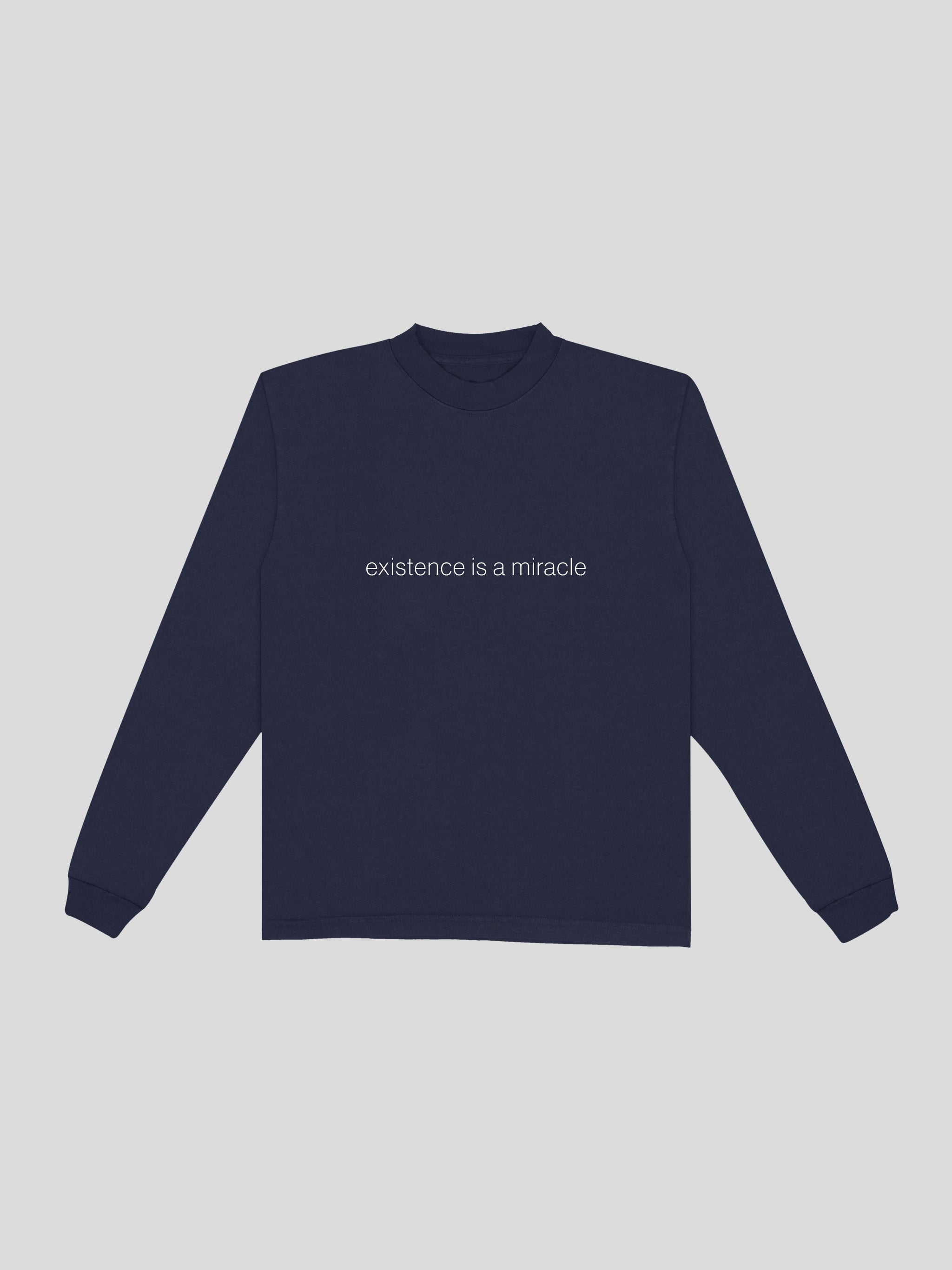 navy existence is a miracle long sleeve tee shirt — muslim street wear, msw (islamic, modest, unisex, y2k)